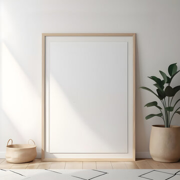 Maqueta de marco en el suelo. Lienzo enmarcado vacío para maquetas e ilustraciones artísticas. Marco de madera minimalista.