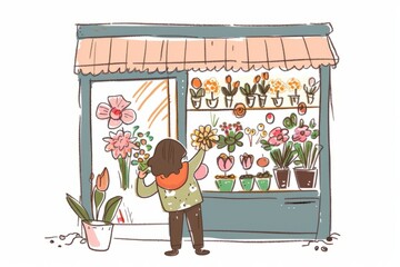 Cartoon cute doodles of a florist arranging flowers in a window display to attract passersby to the shop, Generative AI