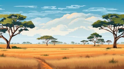 Fototapeta premium cartoon savannah scene with golden grass, distant trees, and a clear sky