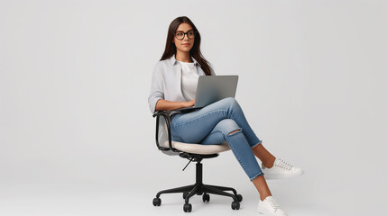 Full body photo of manager ceo lady sit chair use device netbook online communicate wear jeans isolated over on white color background professional photography.