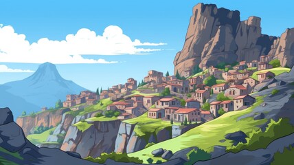 cartoon Quaint village atop cliffs with a mountainous horizon under a clear sky - obrazy, fototapety, plakaty