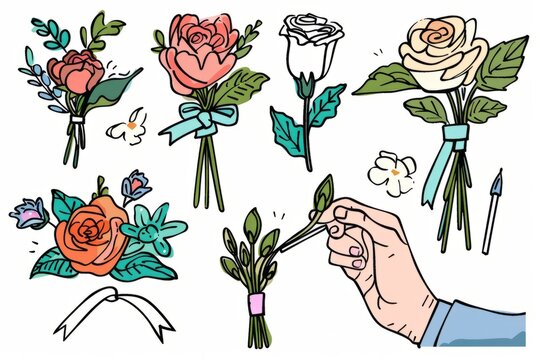 Cartoon cute doodles of a florist creating a corsage or boutonniere for a prom or formal event, Generative AI