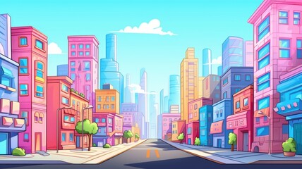  cartoon cityscape with colorful buildings and clear skies