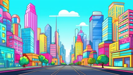  cartoon cityscape with colorful buildings and clear skies