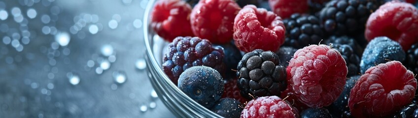 Freshly picked wild berries including blackberries, raspberries, and dewberries arranged in a glass bowl, with space around for your promotional content. - obrazy, fototapety, plakaty