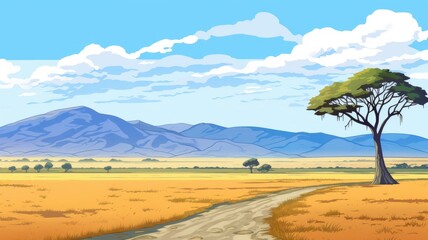 cartoon landscape with lush greenery, a solitary tree, and distant mountains