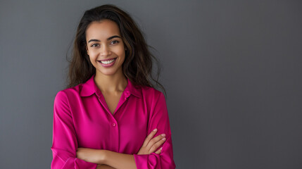 In a vibrant pink blouse, a cheerful young woman radiates confidence and professionalism with her bright smile and poised stance, her arms crossed as she gazes directly. - obrazy, fototapety, plakaty