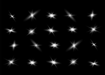 Star effect on a green background, glowing lights, flare, explosion and stars. White color special effect isolated. - obrazy, fototapety, plakaty