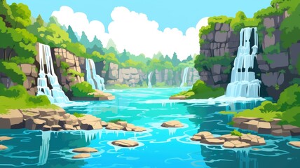 cartoon waterfall in a lush, rocky cliff - obrazy, fototapety, plakaty