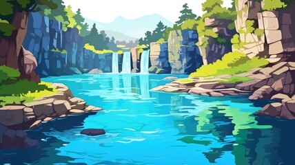 cartoon waterfall in a lush, rocky cliff