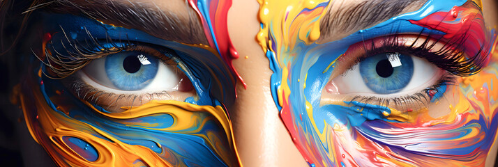 eyes of a beautiful woman model with colored body painting on her face. fashionable beauty and glamor