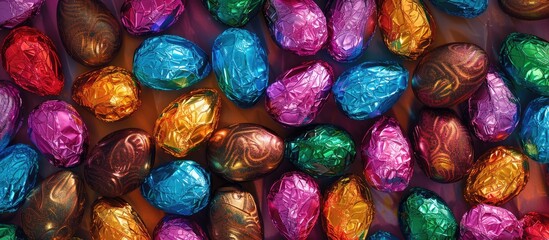 Fototapeta na wymiar Colorful foil-wrapped chocolate eggs for Easter.