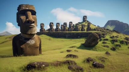 Easter island chile mysterious moai statues isolated volcanic island - obrazy, fototapety, plakaty