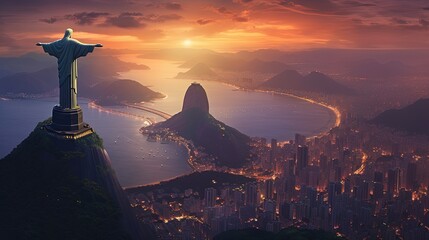 Imagine rio de janeiro brazil iconic christ the redeemer vibrant cityscape copacabana beach - obrazy, fototapety, plakaty
