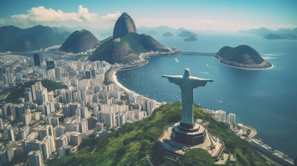 Rio de janeiro brazil christ the redeemer statue sugarloaf mountain copacabana beach - obrazy, fototapety, plakaty
