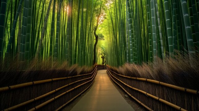 Imagine kyoto japan arashiyama bamboo grove serene pathways towering bamboo stalks