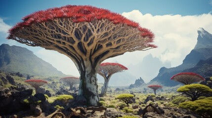 The socotra island yemen unique flora alien like landscape biodiversity hotspot - obrazy, fototapety, plakaty