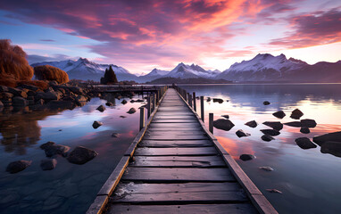 Wooden pier on the lake at sunset against the backdrop of the mountains. place for fishing and...