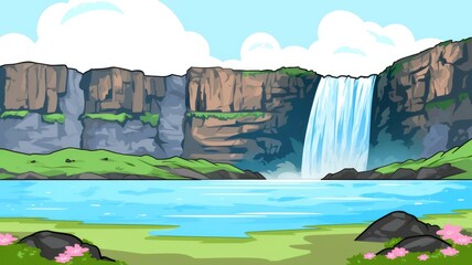 cartoon landscape with a majestic waterfall and lush greenery