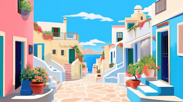 Colorful cartoon coastal town illustration with blooming flowers and sea view