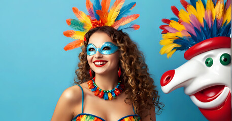 Portrait of a woman Happy woman in carnival  coloful costume on color background