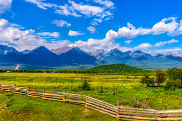 Fototapeta na wymiar Beautiful landscape with valley and mountains on summer day. Valley of extinct volcanoes in Tunka park near Arshan village in Buryatia. Amazing nature, Eastern Sayan mountains, Siberia, Russia