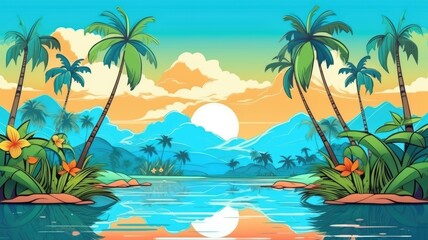 cartoon tropical sunset with silhouetted palms and reflective waters