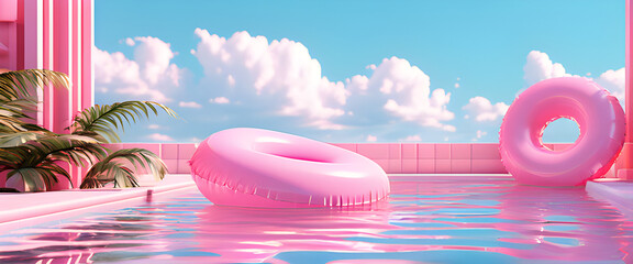 Vaporwave Pastel Pink Pool Scene - obrazy, fototapety, plakaty