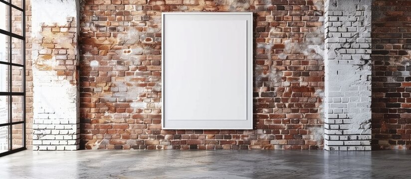 A white poster or white picture frame is displayed on the brick wall in the room, providing room for a message.