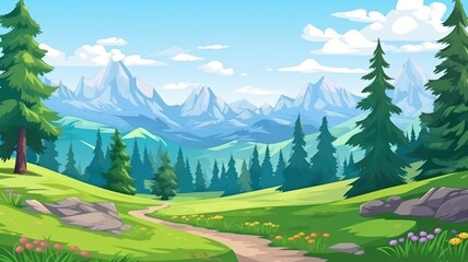 Vibrant cartoon  countryside cartoon with green fields and charming houses