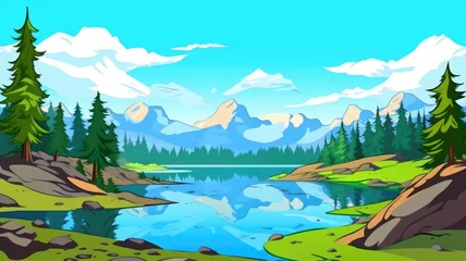 Foto op Canvas cartoon landscape with a reflective lake, lush greenery, and majestic mountains under a clear sky © chesleatsz
