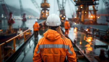 A person in an orange safety vest is walking on a pier. The scene is dark and the person is wearing a hard hat, AI generative