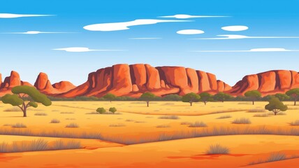 cartoon desert path in a vibrant cartoon landscape with distant mountains and trees