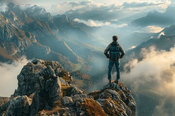 Tourist standing on a mountain peak, arms outstretched feeling Impressed, encompassed by vast rugged terrain and valleys, a celebration of exploration and natural beauty. - obrazy, fototapety, plakaty