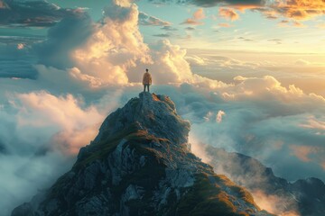 Tourist standing on a mountain peak, arms outstretched feeling Impressed, encompassed by vast rugged terrain and valleys, a celebration of exploration and natural beauty. - obrazy, fototapety, plakaty