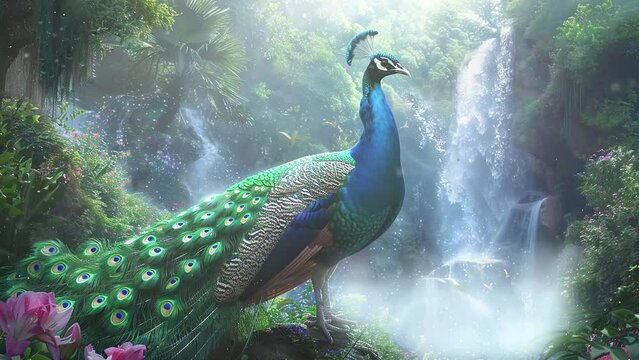  artwork featuring a majestic peacock with waterfall on the background. seamless looping overlay 4k virtual video animation background