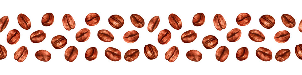 Seamless border of coffee beans. The aroma of Robusta and Arabica varieties. Illustration with watercolors. Coffee day. Natural aromatic drink. Strip for cafe decoration. Hand drawn isolated art