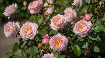 Pink Prairie Joy Canadian rose shrub blooming in summer garden.generative.ai