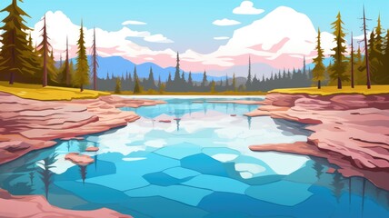 Obraz premium cartoon landscape with a reflective lake, lush greenery, and rocky terrain under a clear sky