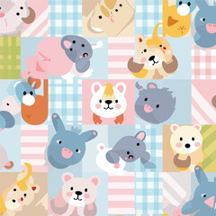 Cute animal toy seamless checkered background. cart