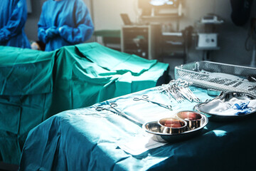 Surgery, table and equipment for procedure in hospital for medical transplant treatment....