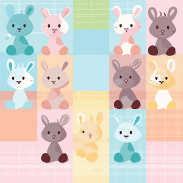 Cute animal toy seamless checkered background. 