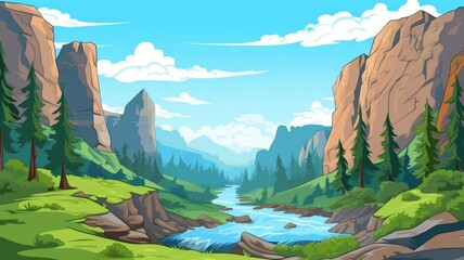 cartoon landscape with vibrant forest, majestic mountains, and tranquil stream - obrazy, fototapety, plakaty