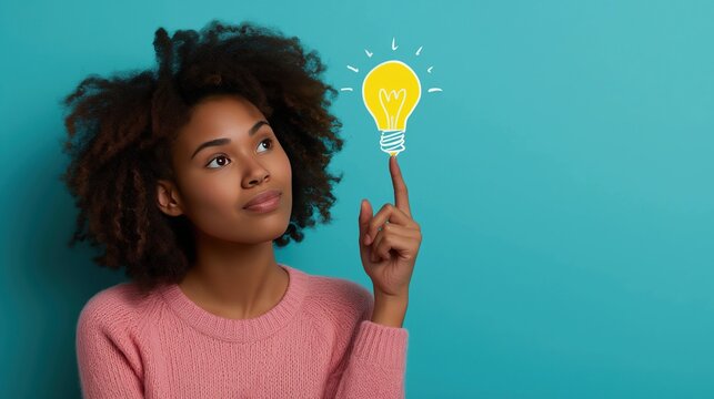 A woman is looking for new creative ideas for business, thinking. An important creativity idea comes to her, a yellow light comes on. On blue background