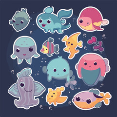 Cute cartoon sea animal stickers. Flat design cartoon
