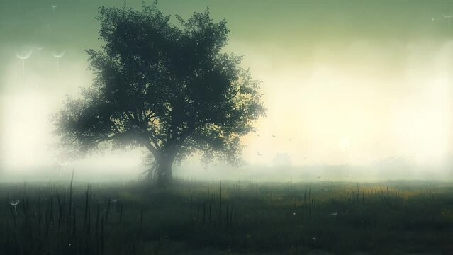 a tree in a meadow field butterfly fluttering ethereal aura grass. seamless looping overlay 4k virtual video animation background