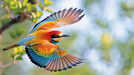 Bright colored bird flying in the jungle.