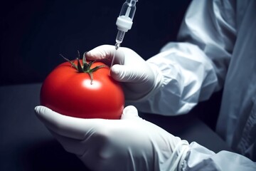 Doctor scientist or genetic engineer in a white lab coat is injecting with syringe experimental liquid into a tomato, symbolizing genetically modified GMO food.