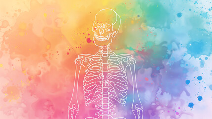 depicting a detailed anatomical study of a skeleton, with each bone labeled and color-coded to represent different parts of the body, resembling a rainbow spectrum. - obrazy, fototapety, plakaty