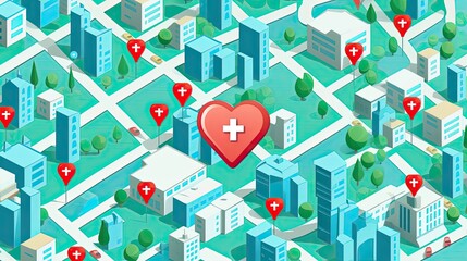 a map of a city with markers indicating different hospitals